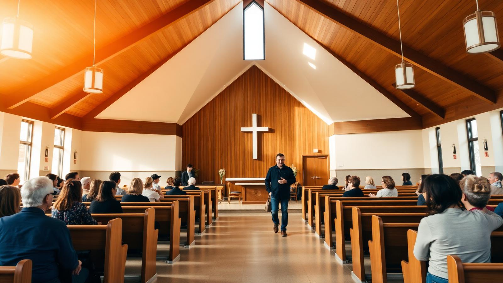 Congregation gathered in a warm, welcoming modern church sanctuary