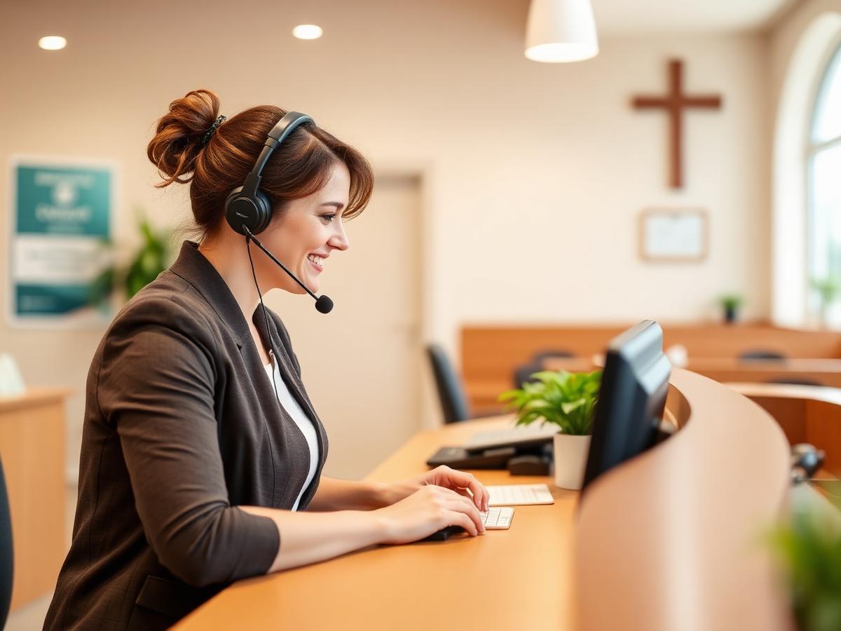 Church office volunteer answering the phone with a friendly smile