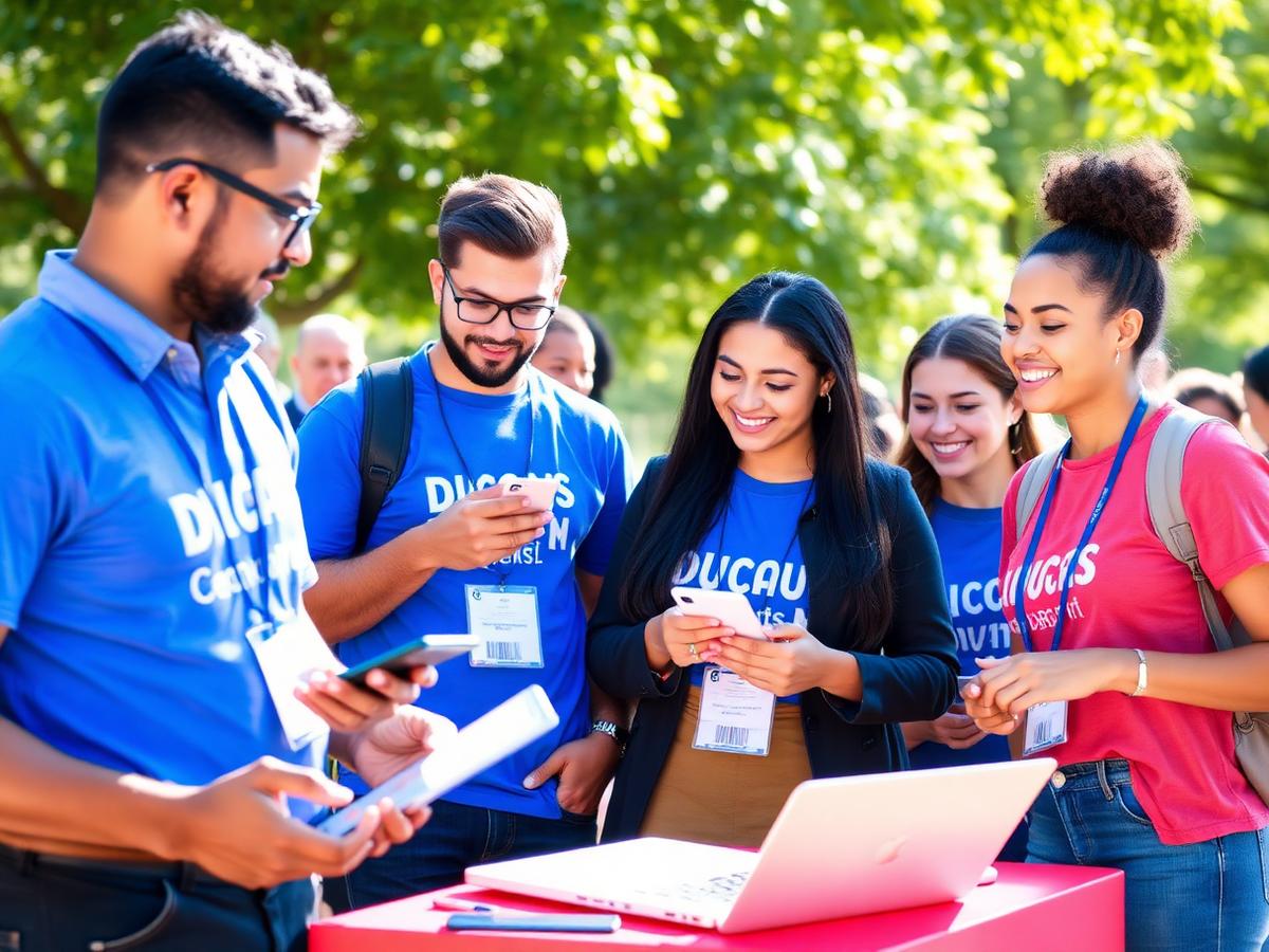 Nonprofit volunteers coordinating a community event on mobile phones and laptops