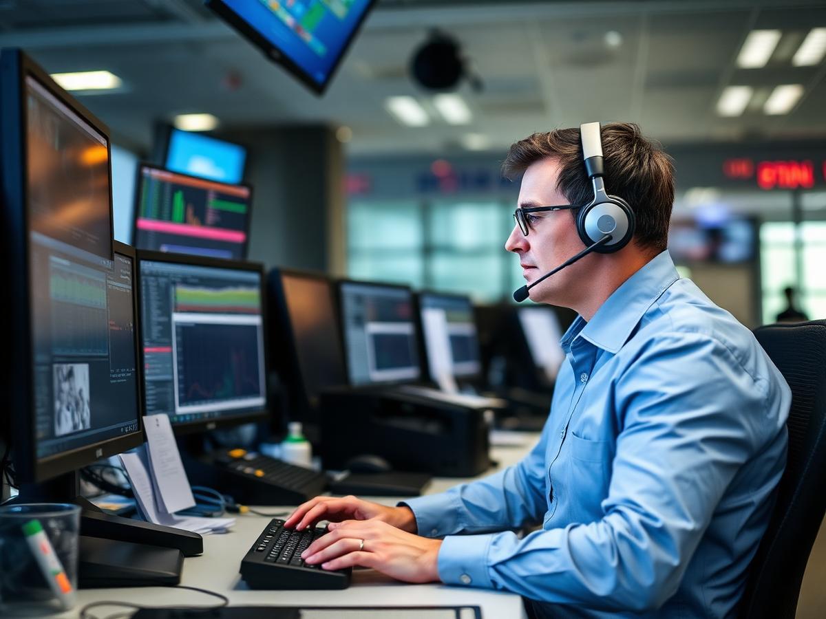 Dispatcher wearing a headset coordinating field crews from a control desk