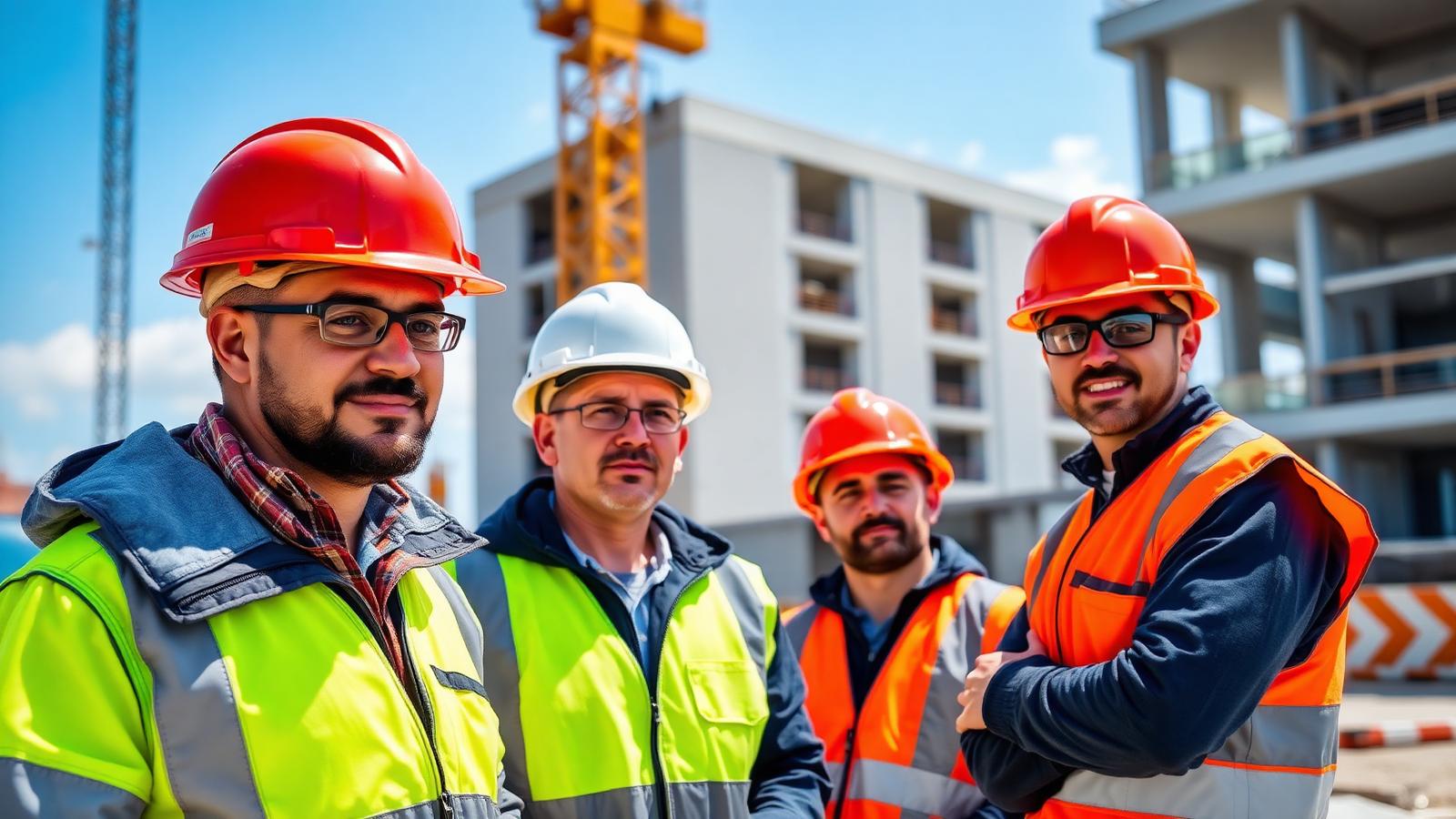 Construction crew in hard hats and safety vests at an active job site