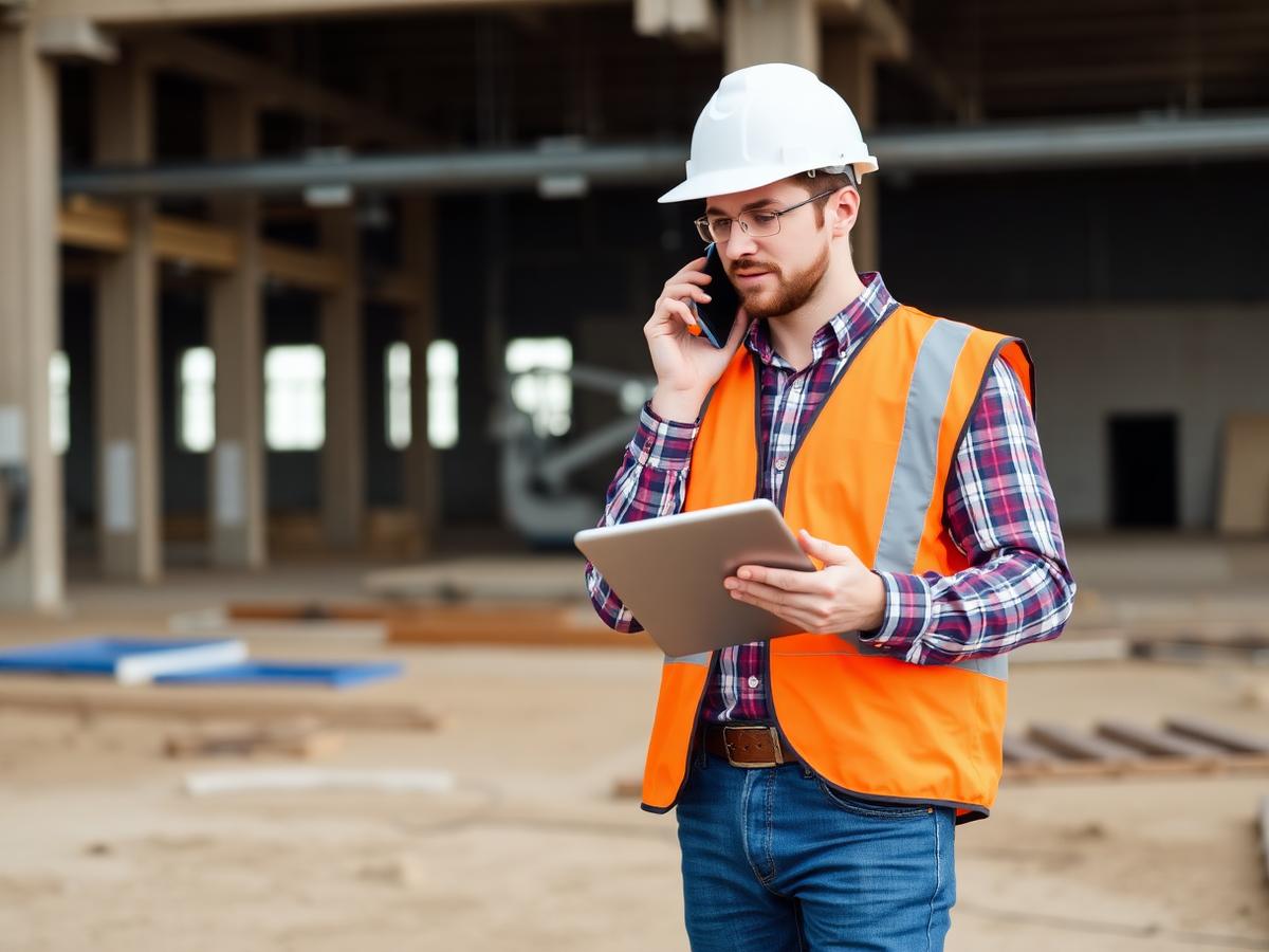 Construction project manager on the phone with a tablet at a job site