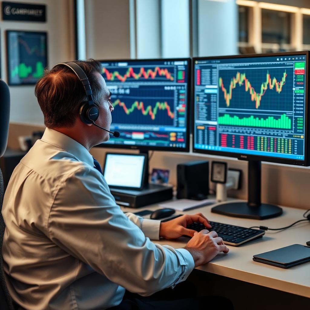 Financial advisor with headset reviewing market data on dual monitors