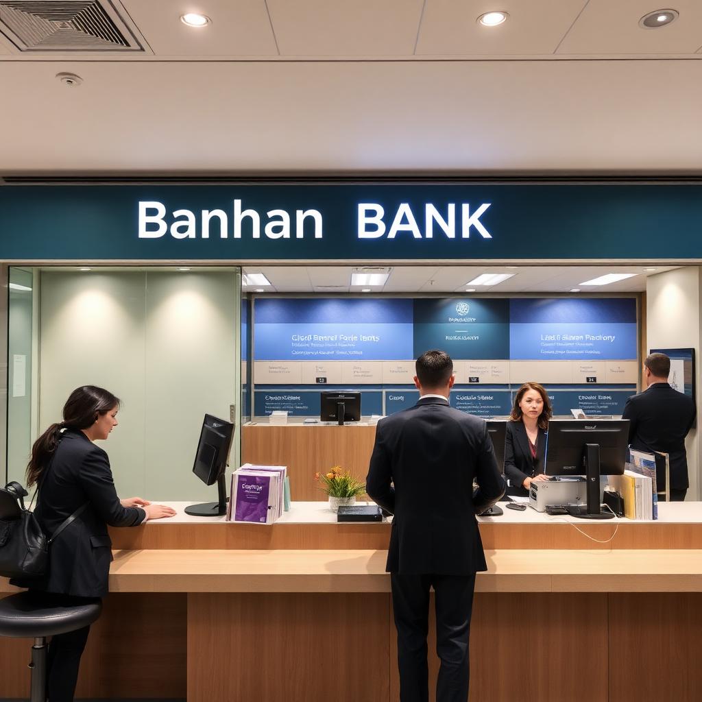 Bank branch interior with tellers helping customers at the counter
