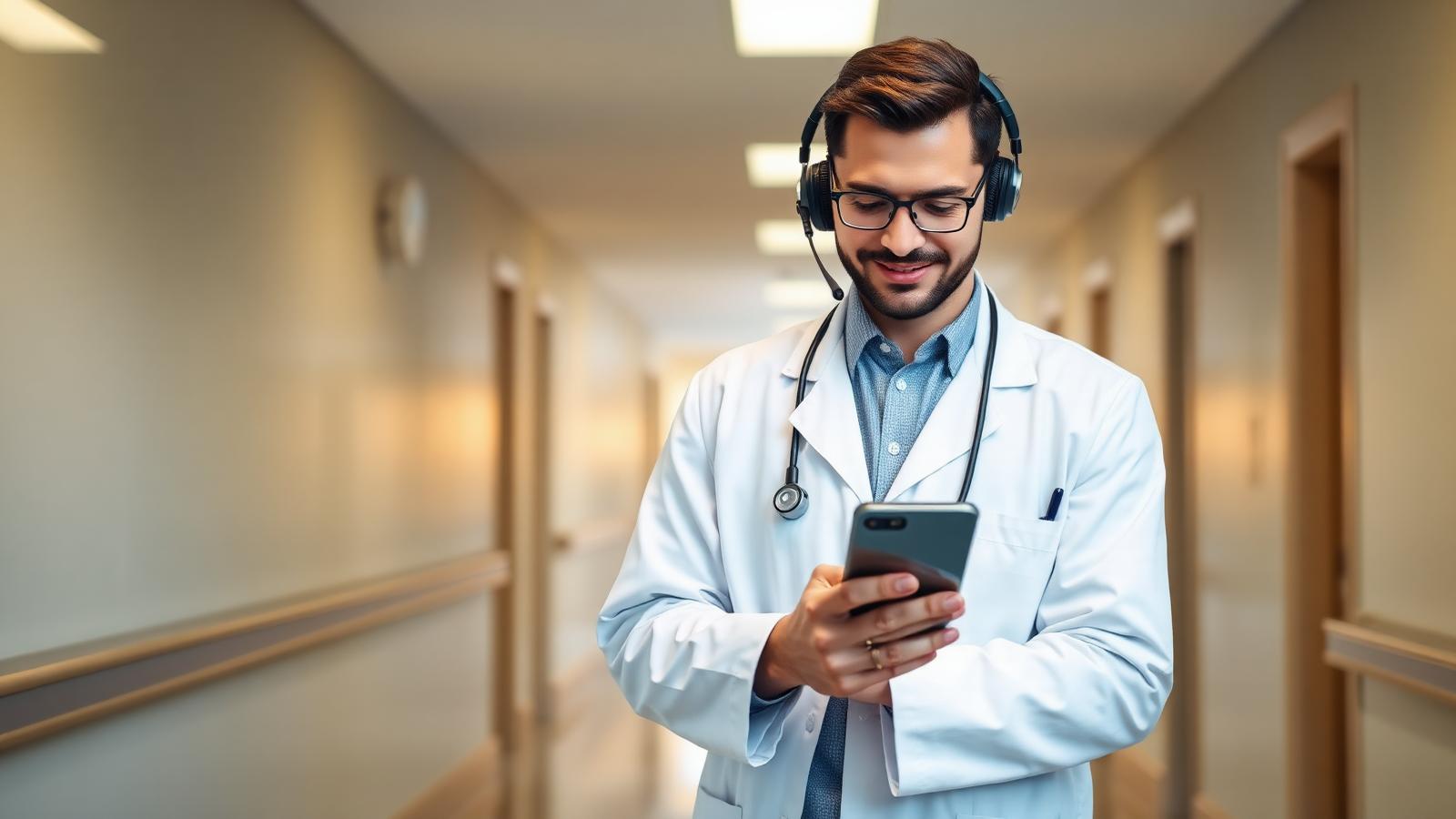 Physician using a mobile phone and headset in a modern clinic