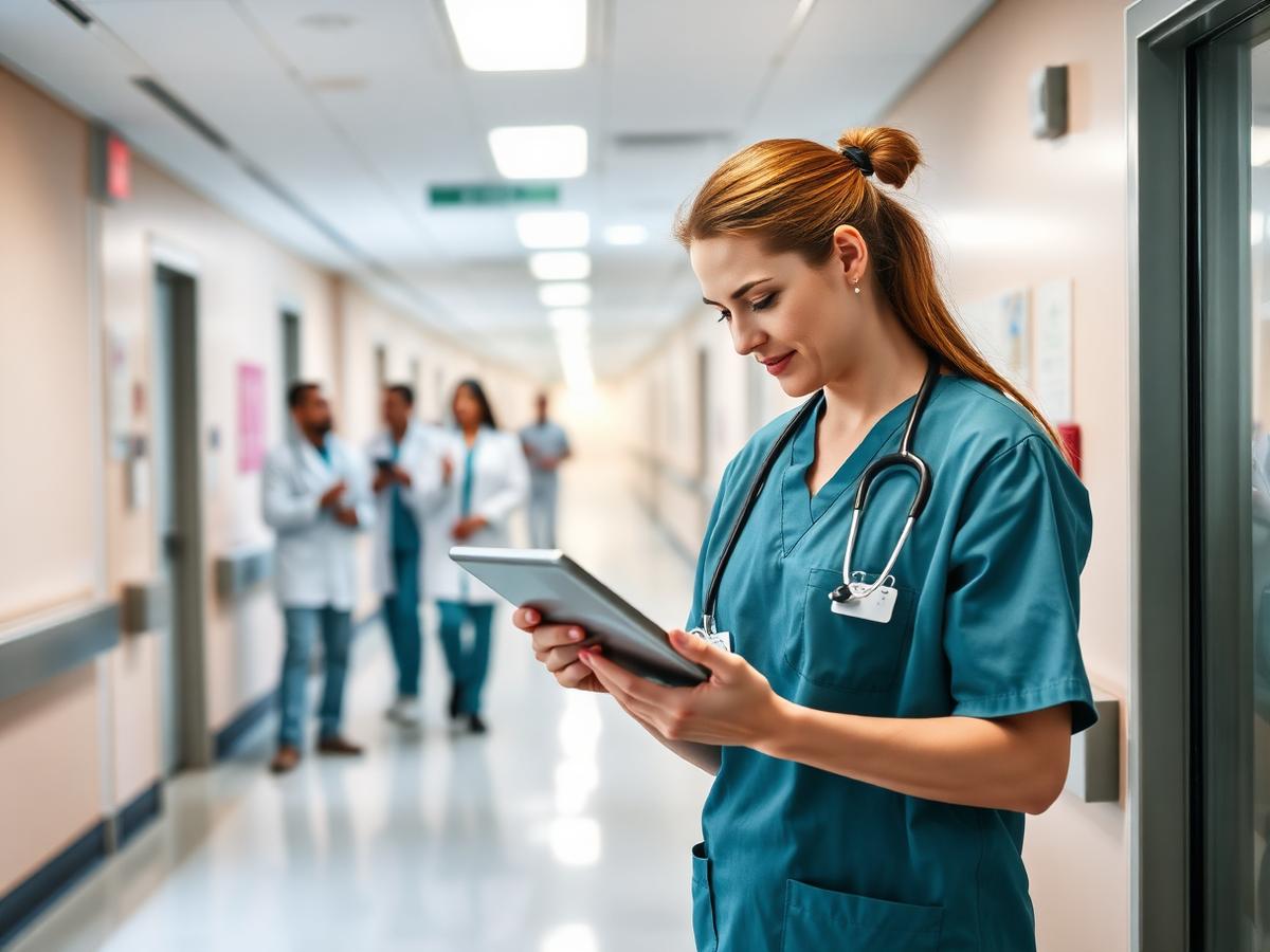 Nurse using a tablet in a hospital corridor with staff in the background