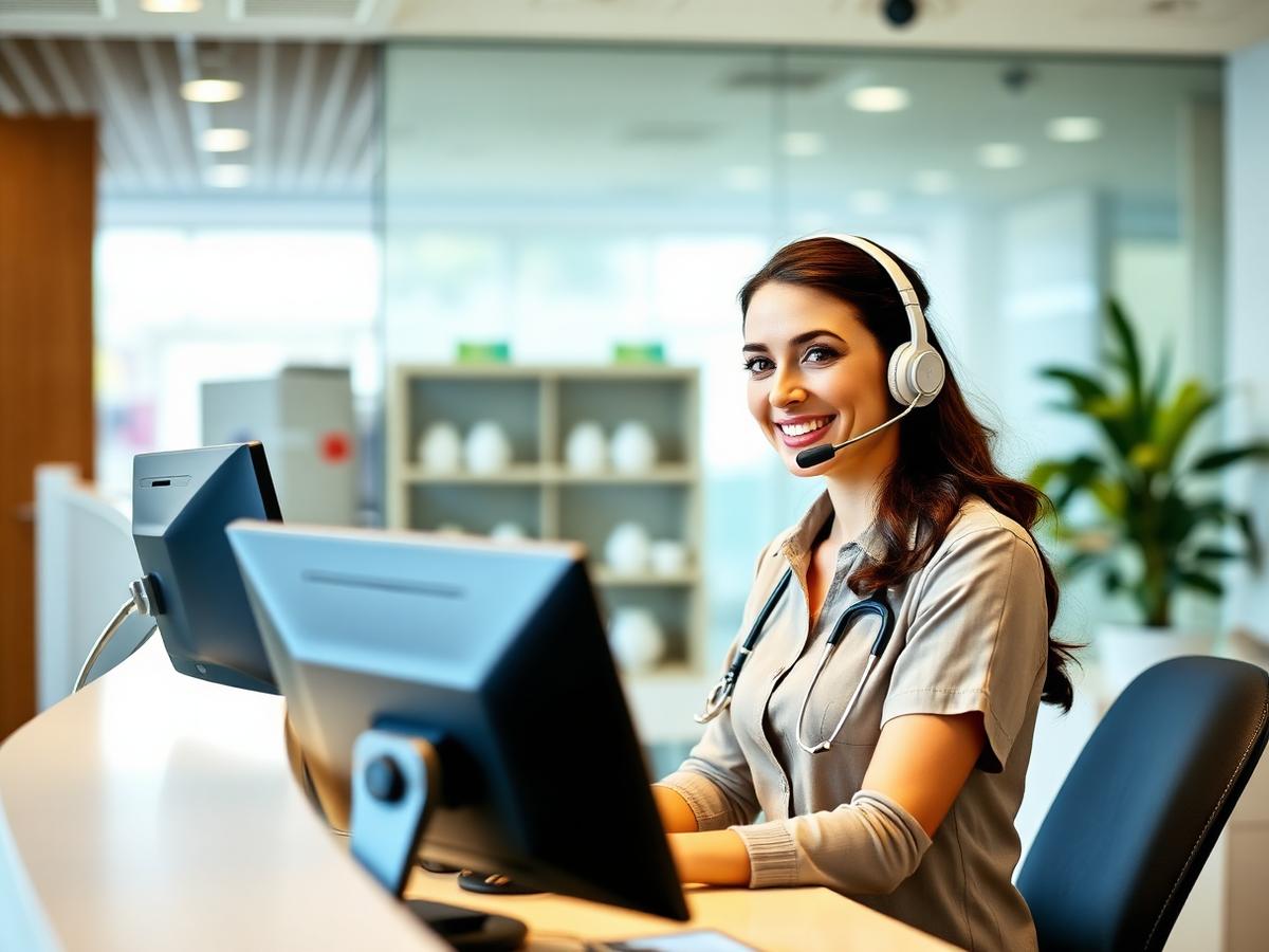 Medical receptionist wearing a headset at a modern clinic front desk