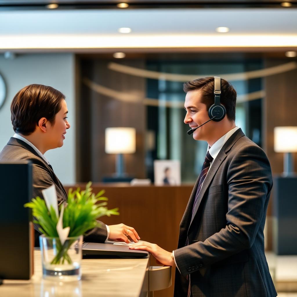 Hotel concierge with headset assisting a guest at the front desk