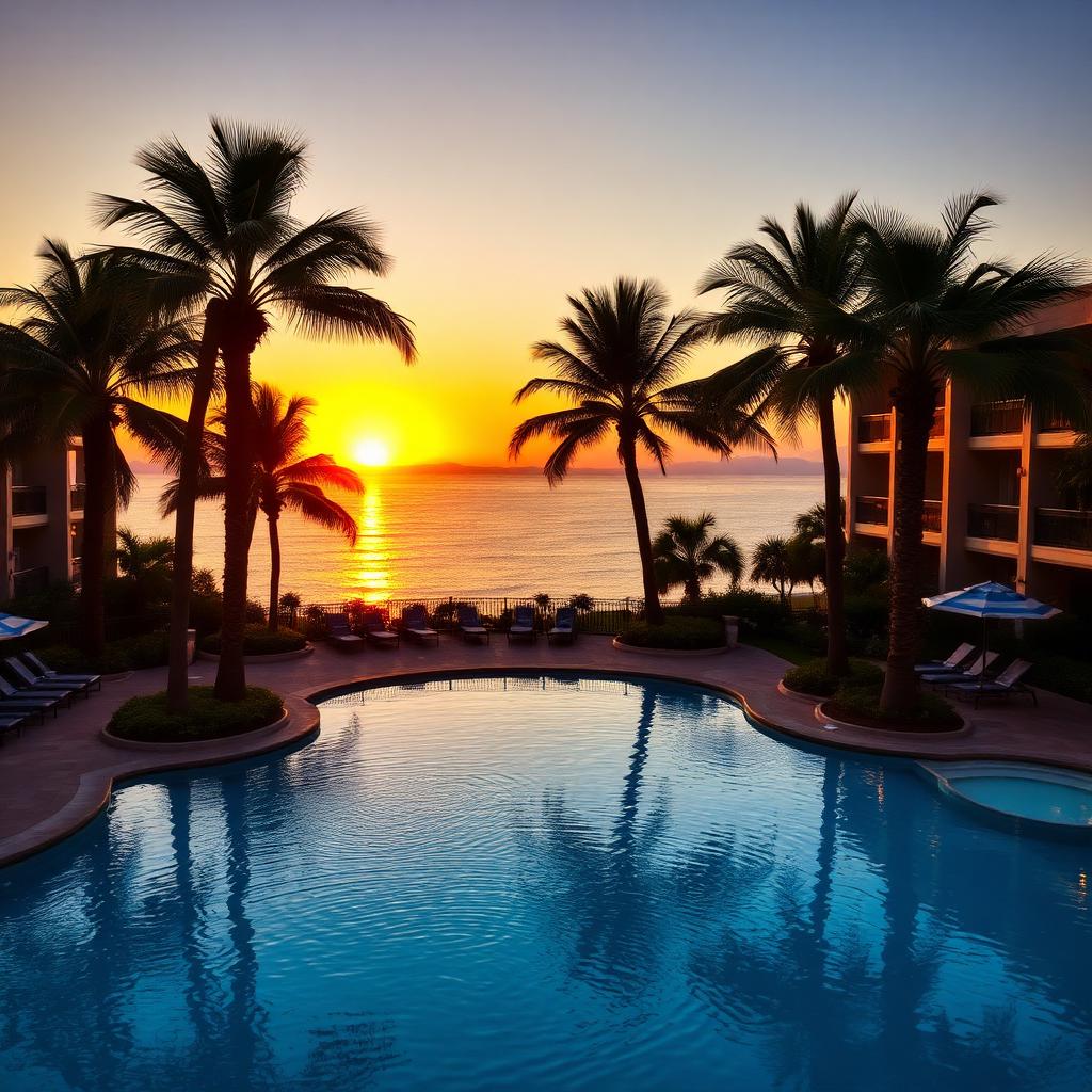 Lakeside resort with a pool and palm trees at sunset