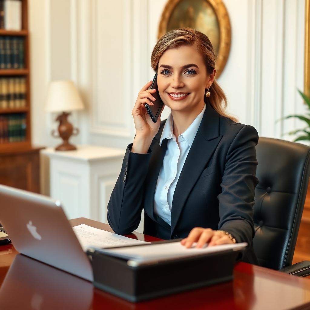 Attorney on phone at desk with laptop and legal documents
