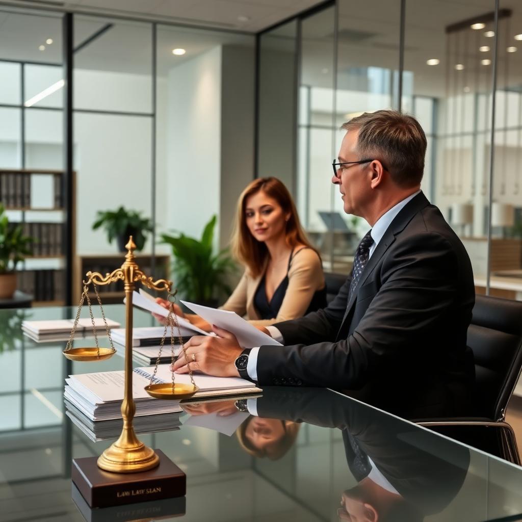 Attorneys reviewing documents in a modern law firm conference room