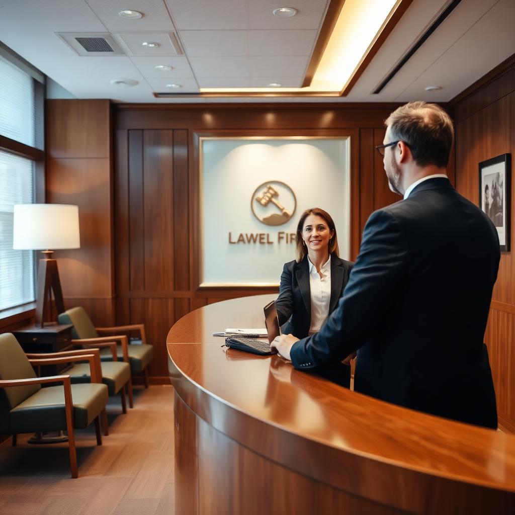 Law firm reception area with receptionist greeting a client