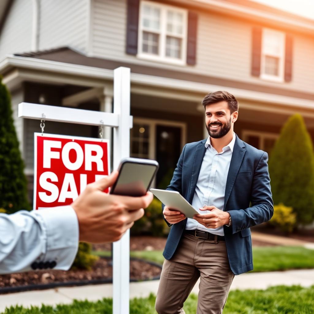 Real estate agent on mobile phone in front of a for-sale property