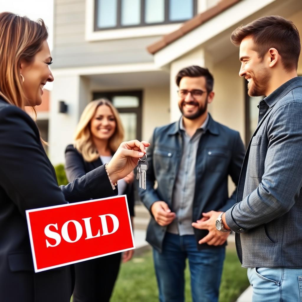 Real estate agent handing keys to a happy couple in front of a new home