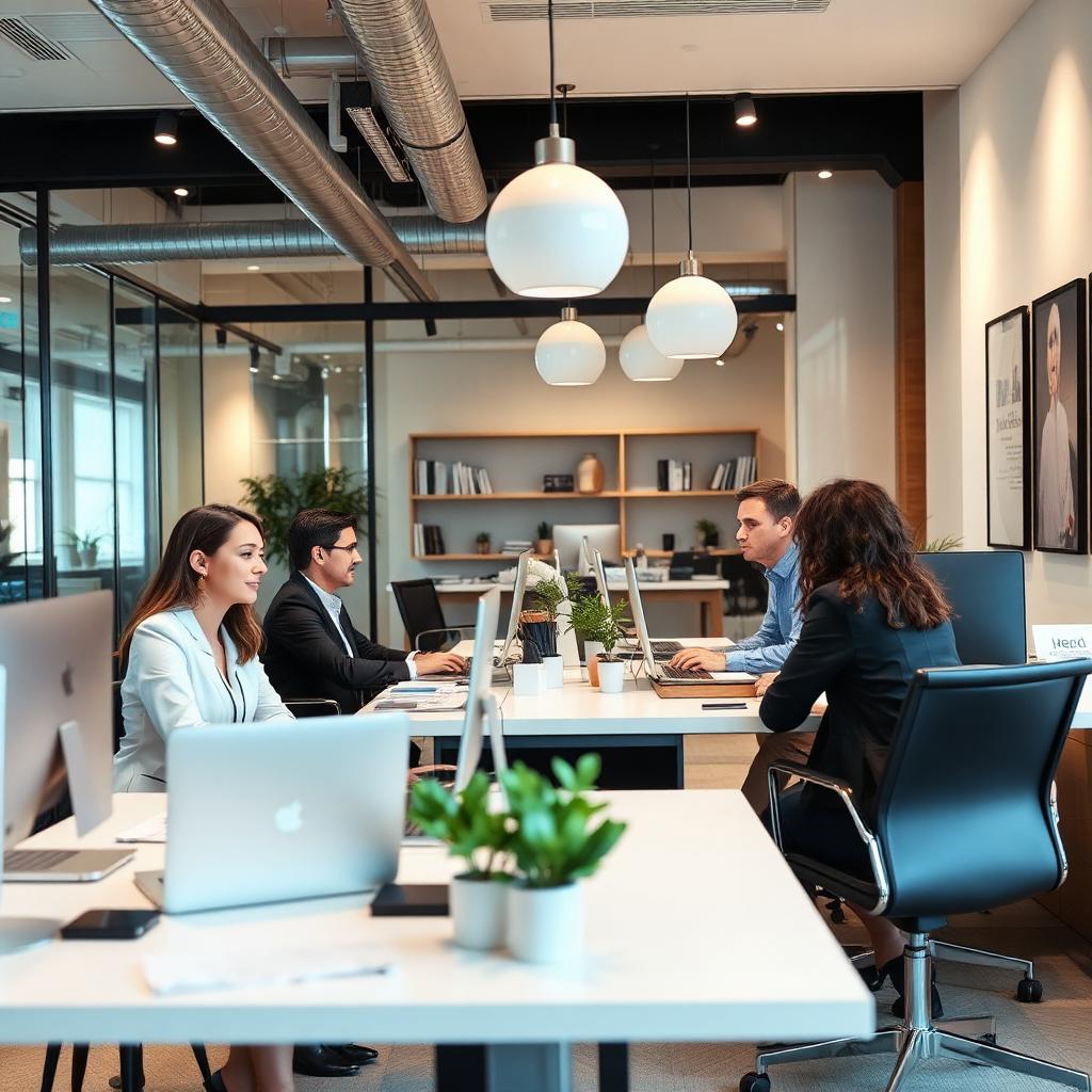 Modern real estate brokerage office with agents at work