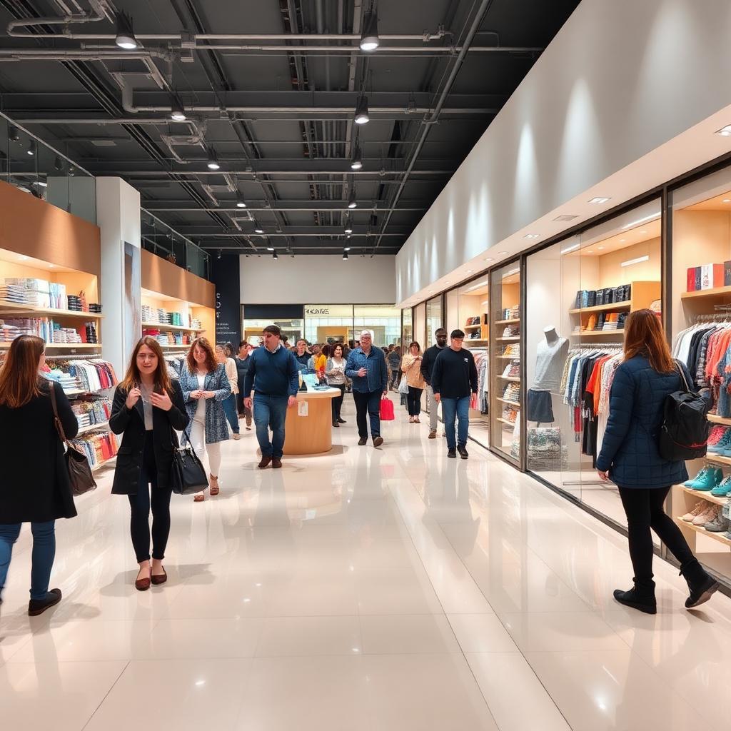 Modern retail store with customers shopping and staff assisting