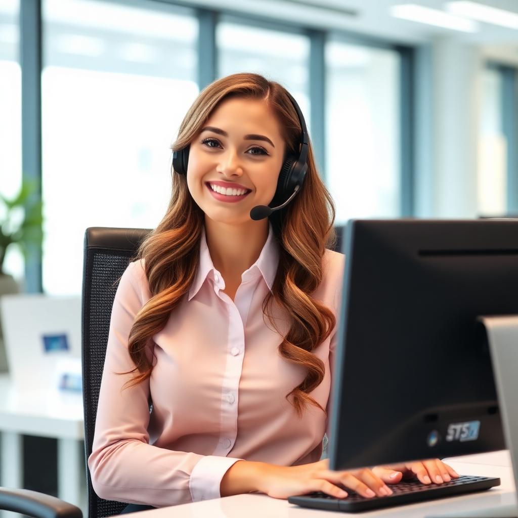 Customer service representative with headset at computer