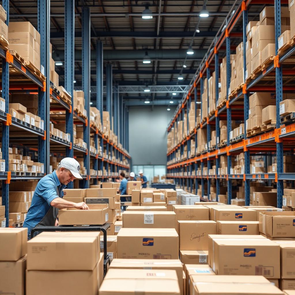 E-commerce warehouse workers packing and shipping orders